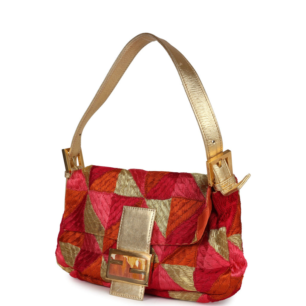 Vintage Fendi Patchwork Baguette Bag Gold, Pink, Orange and Red Embroidered Silk Gold Hardware - Image 6