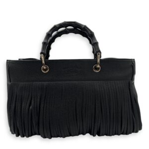 Bamboo Tassel Black Top Handle Bag in Calfskin, Gunmetal hardware