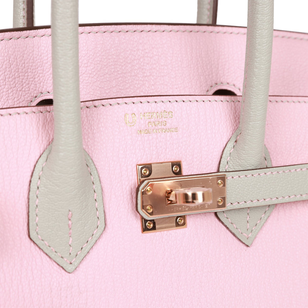 Hermes Special Order (HSS) Birkin 25 Rose Sakura and Gris Perle Chevre Mysore Rose Gold Hardware - Image 8
