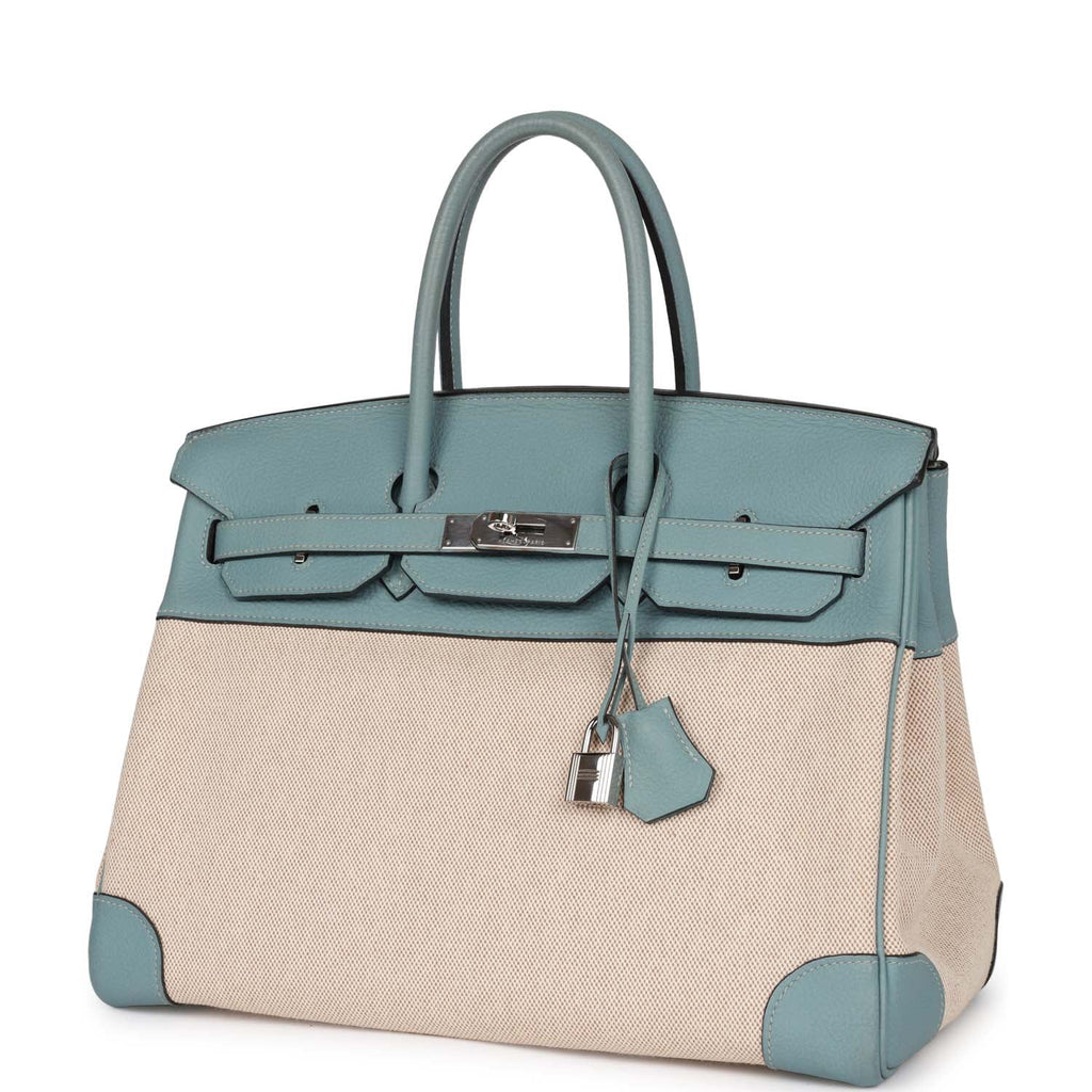 Pre-owned Hermes Birkin 35 Ciel Clemence and Ecru-Beige Toile H Palladium Hardware - Image 6