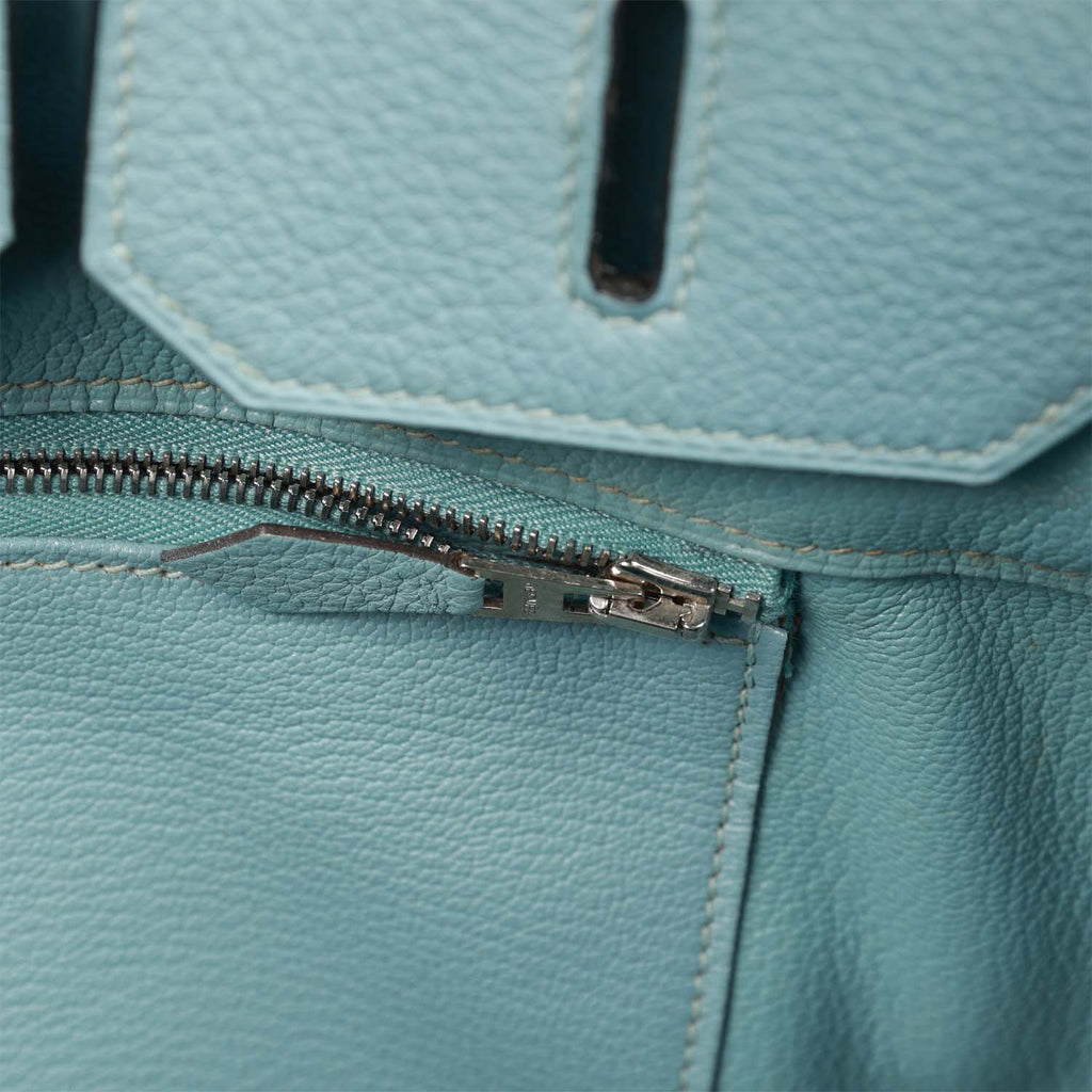 Pre-owned Hermes Birkin 35 Ciel Clemence and Ecru-Beige Toile H Palladium Hardware - Image 10