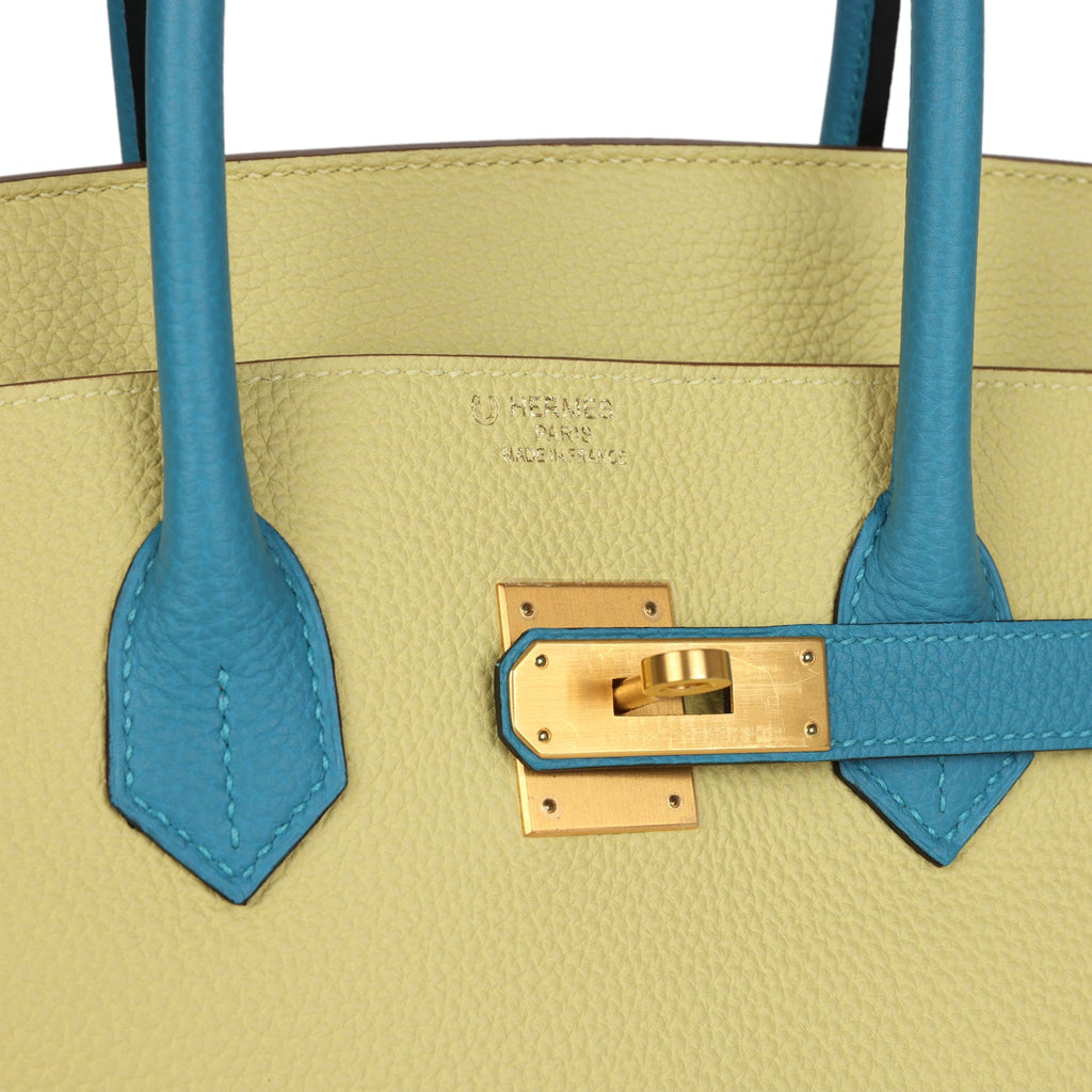 Pre-owned Hermes Special Order (HSS) Birkin 35 Jaune Poussin and Bleu Paradise Togo Brushed Gold Hardware - Image 8