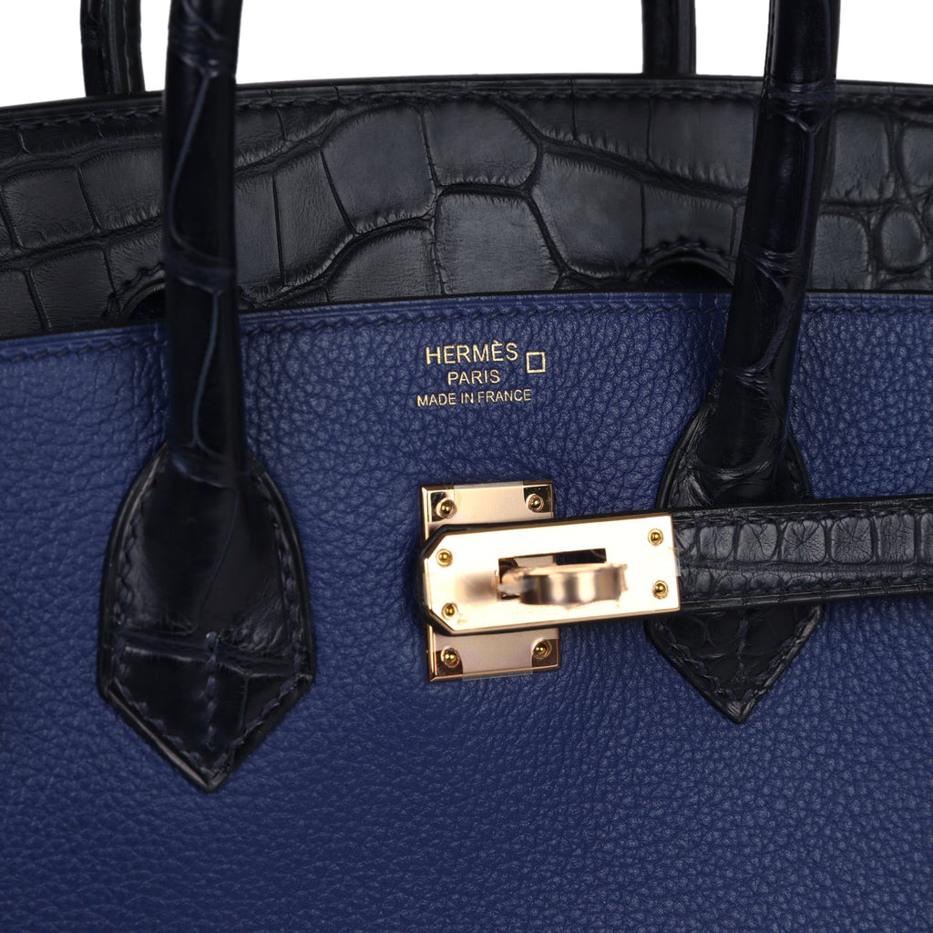 Hermes Birkin 25 Bleu Saphir Taurillion Novillo and Bleu Marine Matte Alligator Touch Rose Gold Hardware - Image 8