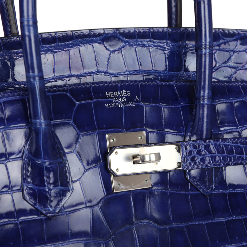 Pre-owned Hermes Birkin 35 Bleu Electric Shiny Porosus Crocodile Palladium Hardware - Image 8