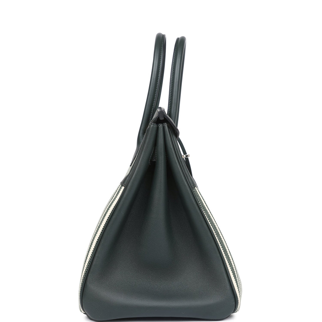 Pre-owned Hermes Birkin 35 Toile Riga and Vert Anglais Swift Palladium Hardware - Image 4