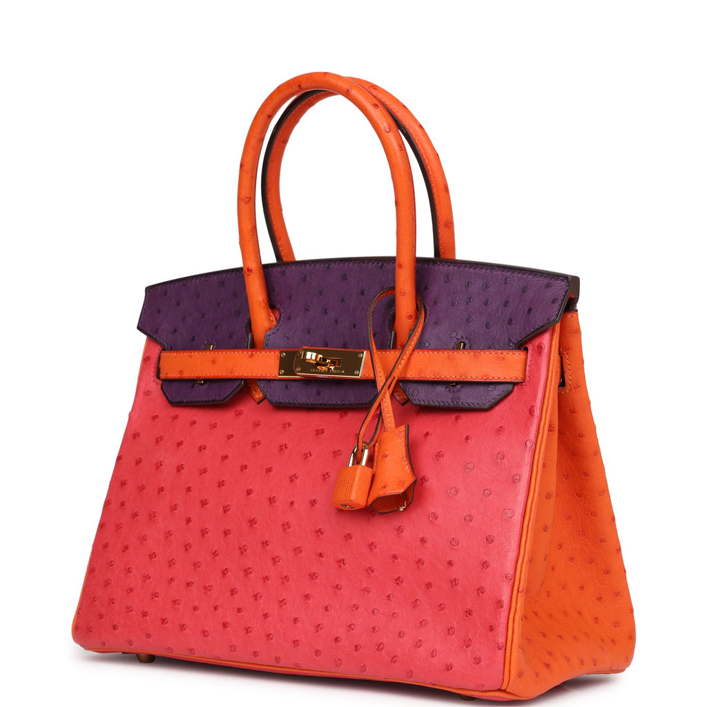 Pre-owned Hermes Special Order (HSS) Birkin 30 Tangerine, Violet and Bougainvillea Ostrich Gold Hardware - Image 6