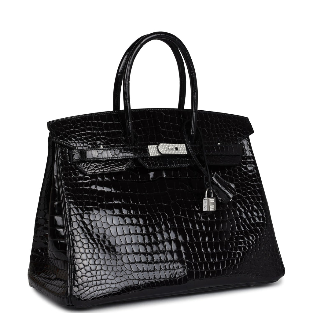 Pre-owned Hermes Birkin 35 Black Shiny Porosus Crocodile 18K White Gold Diamond Hardware - Image 3