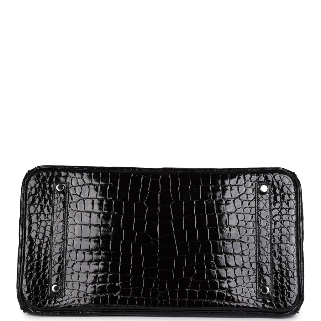 Pre-owned Hermes Birkin 35 Black Shiny Porosus Crocodile 18K White Gold Diamond Hardware - Image 7