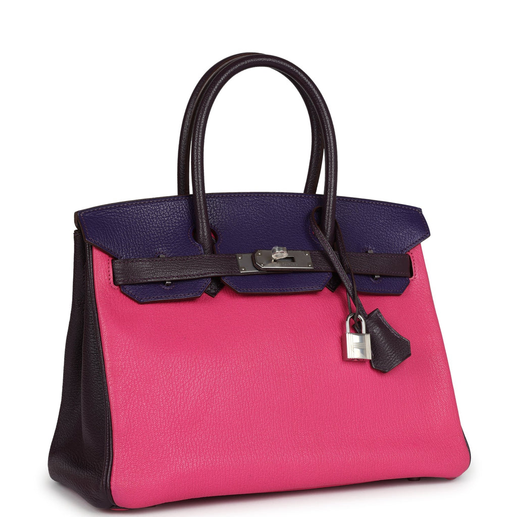 Pre-owned Hermes Special Order (HSS) Birkin 30 Tri-color Raisin, Ultraviolet and Rose Shocking Chevre Palladium Hardware - Image 3