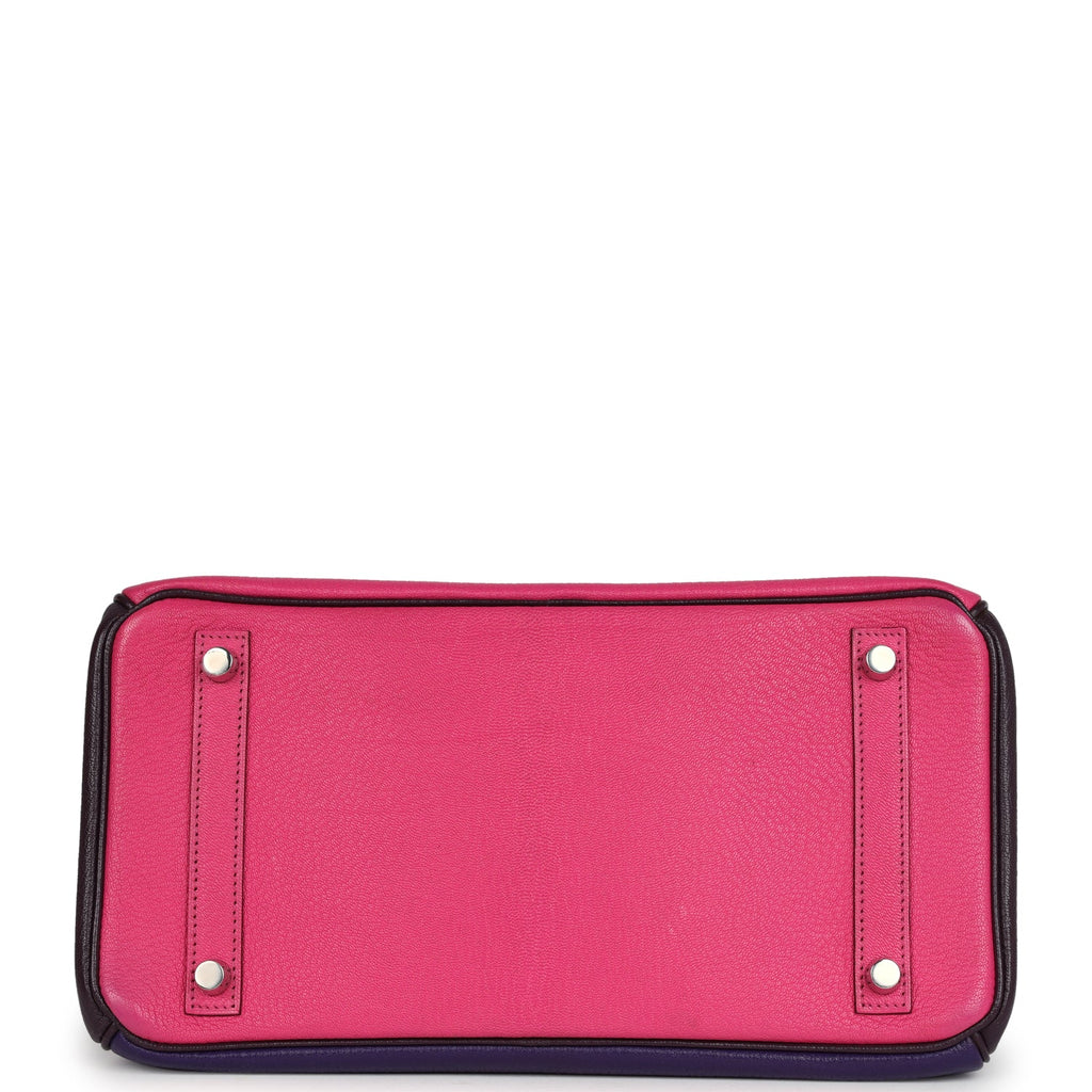 Pre-owned Hermes Special Order (HSS) Birkin 30 Tri-color Raisin, Ultraviolet and Rose Shocking Chevre Palladium Hardware - Image 7