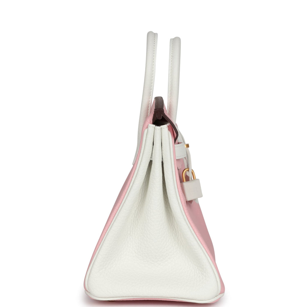 Hermes Special Order (HSS) Birkin 25 Rose Sakura and White Clemence Brushed Gold Hardware - Image 4