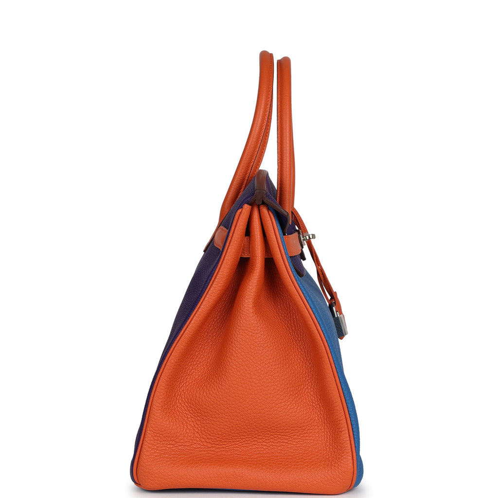 Pre-owned Hermes Special Order (HSS) Birkin 35 Tricolor Bleu Hydra, Ultraviolet and Orange Togo Palladium Hardware - Image 4