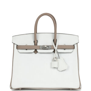 Hermes Special Order (HSS) Birkin 25 White and Etoupe Clemence Brushed Palladium Hardware
