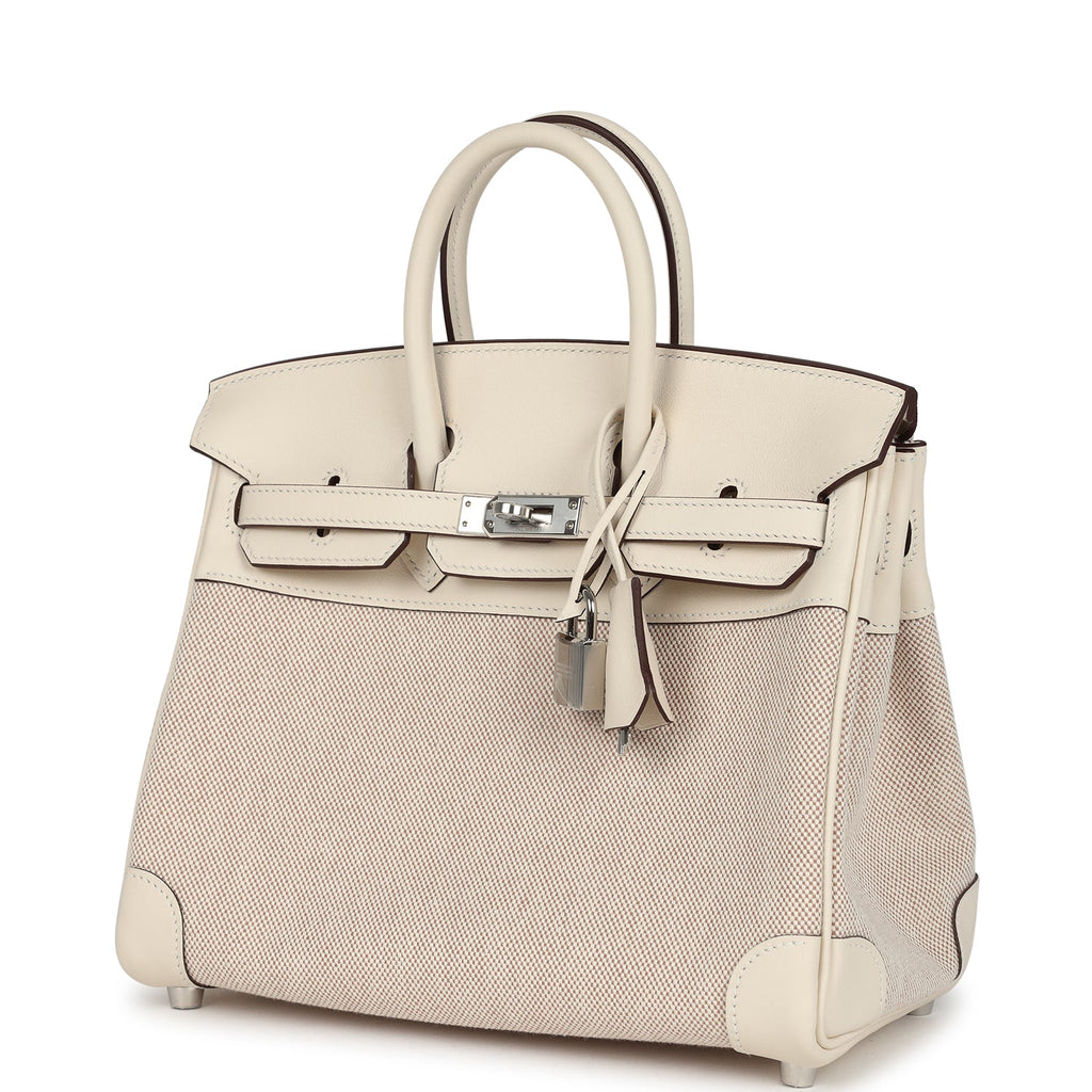 Hermes Birkin 25 Nata Swift and Ecru-Beige Toile H Canvas Palladium Hardware - Image 6