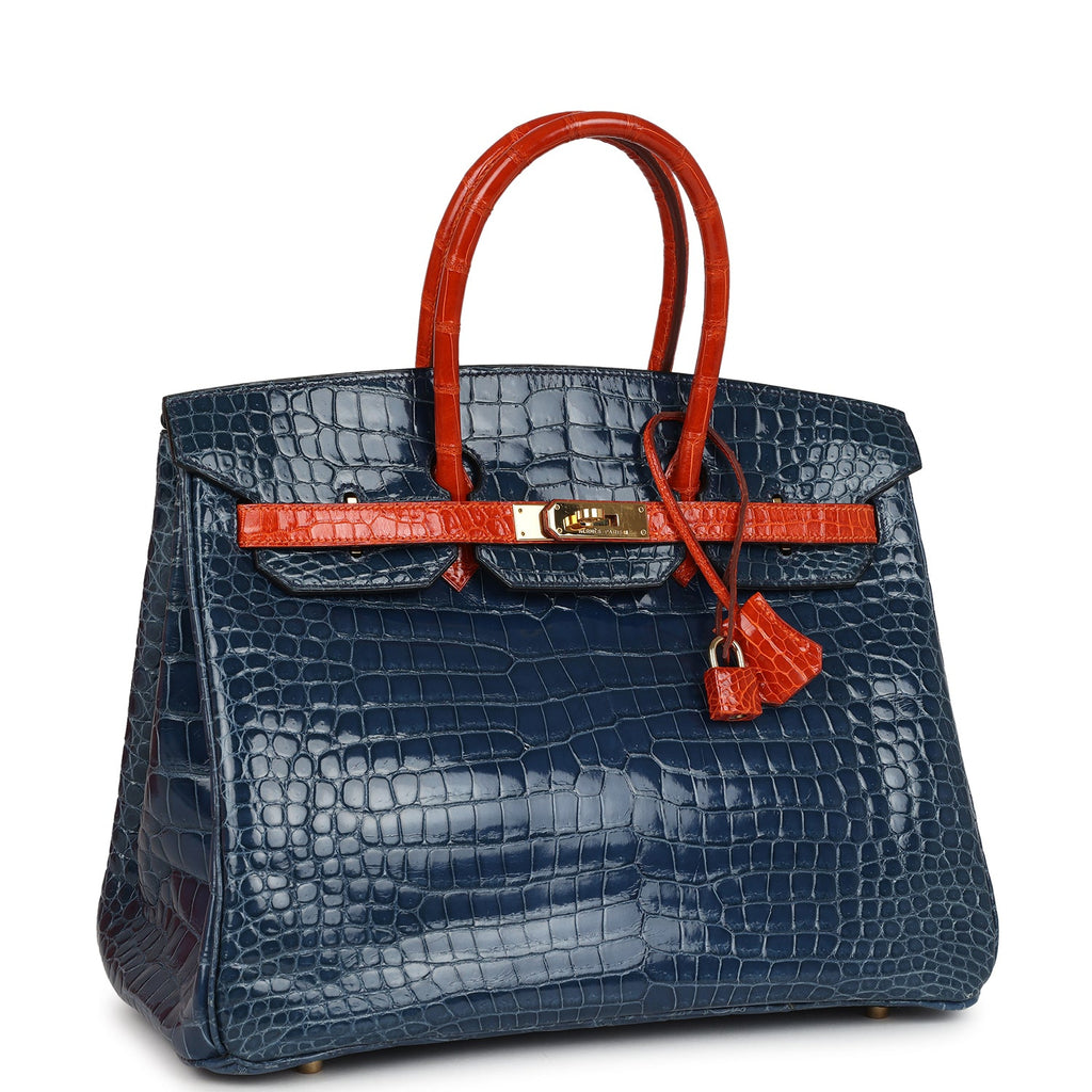 Vintage Hermes Birkin 35 Bleu Roi and Orange Shiny Porosus Crocodile Gold Hardware - Image 3