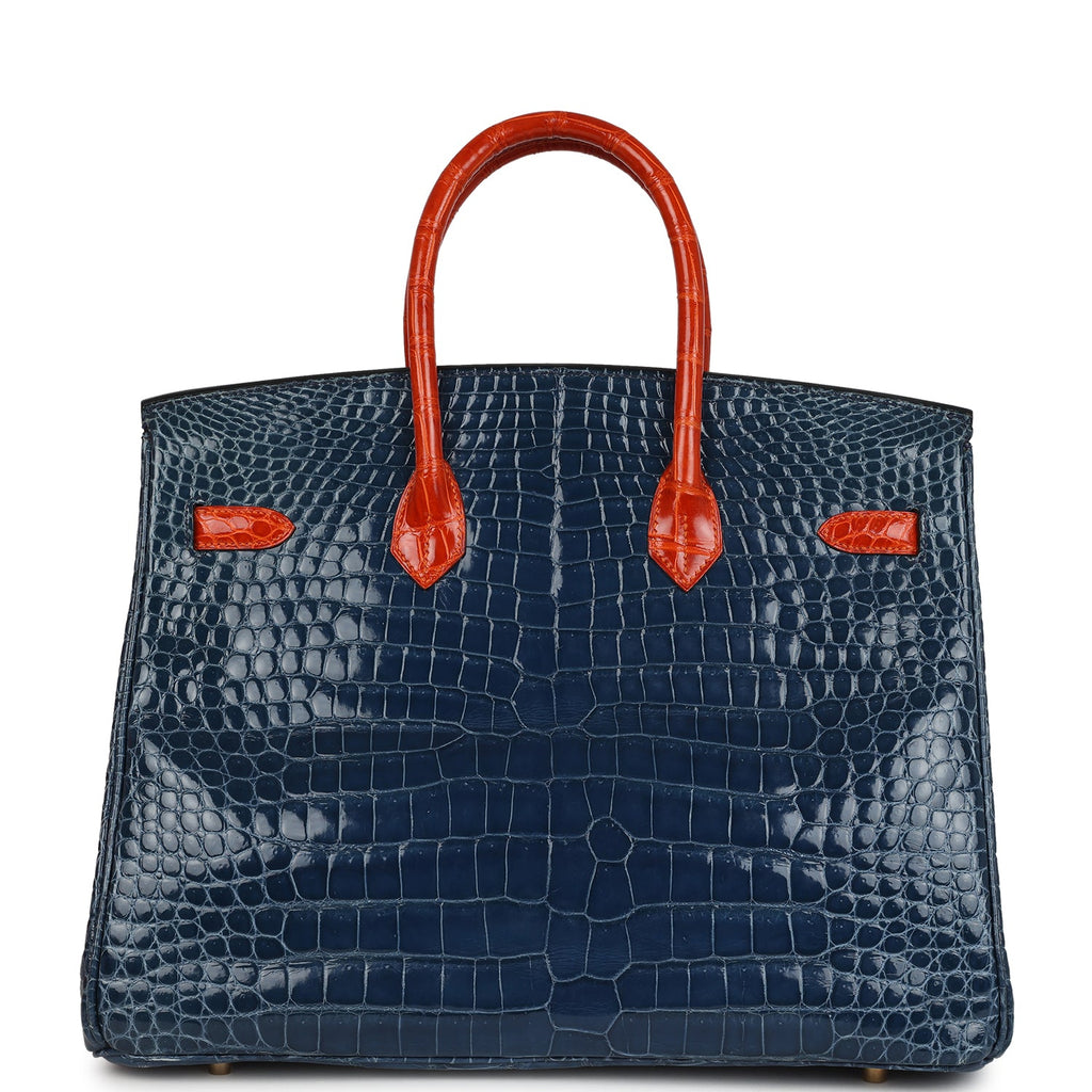 Vintage Hermes Birkin 35 Bleu Roi and Orange Shiny Porosus Crocodile Gold Hardware - Image 5