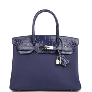 Pre-owned Hermes Birkin 30 Bleu Encre Togo and Shiny Niloticus Crocodile Touch Palladium Hardware