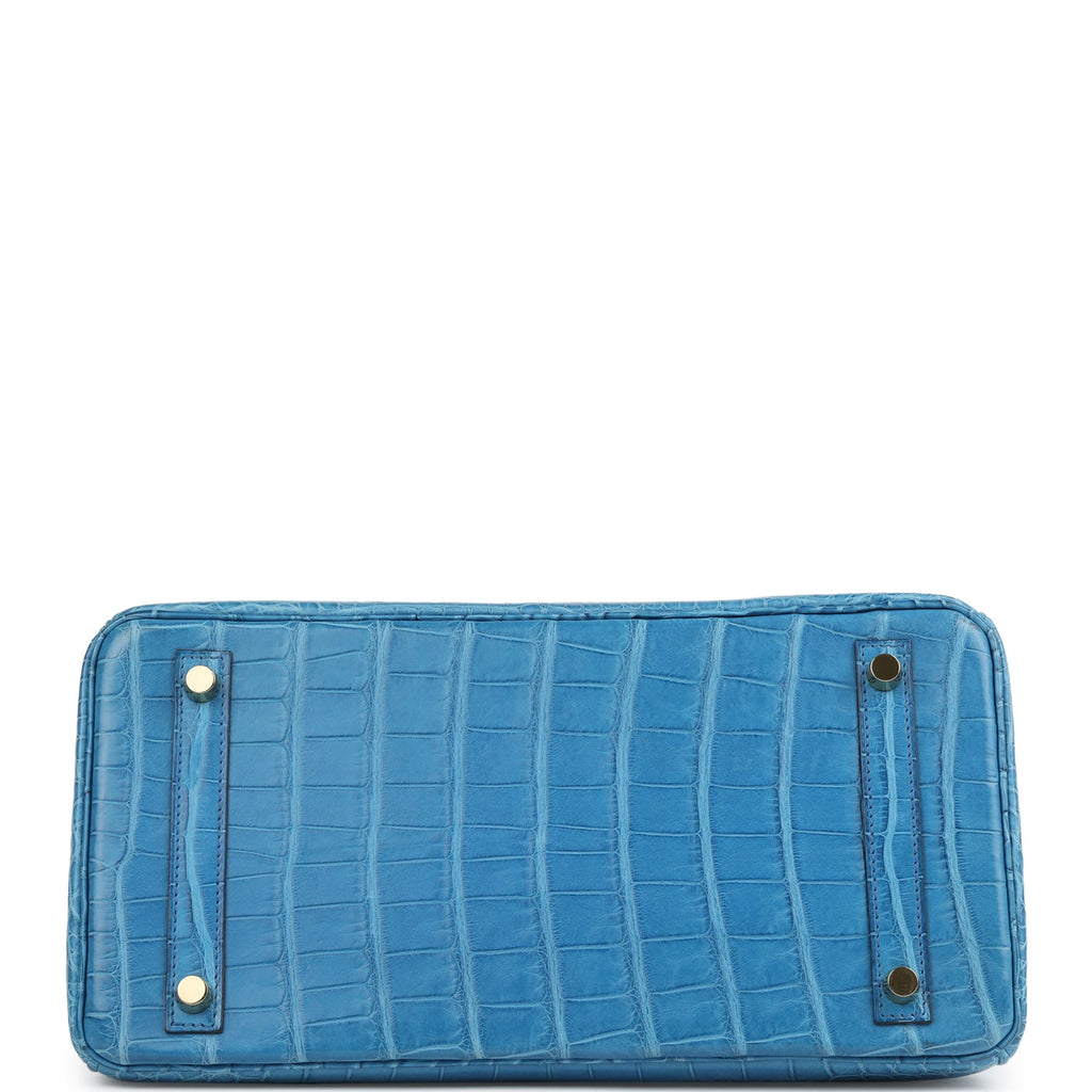 Pre-owned Hermes Birkin 30 Bleu Mykonos Matte Alligator Gold Hardware - Image 7