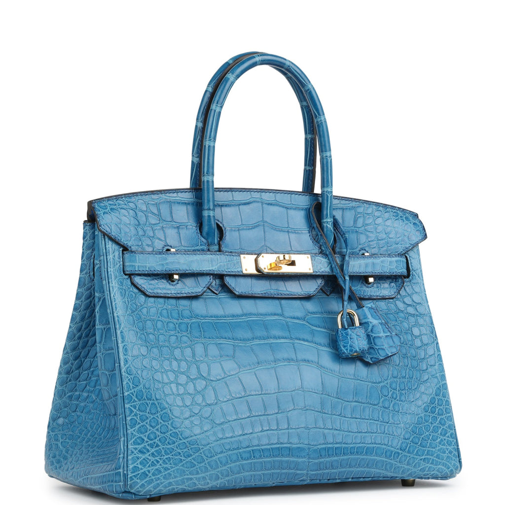 Pre-owned Hermes Birkin 30 Bleu Mykonos Matte Alligator Gold Hardware - Image 3