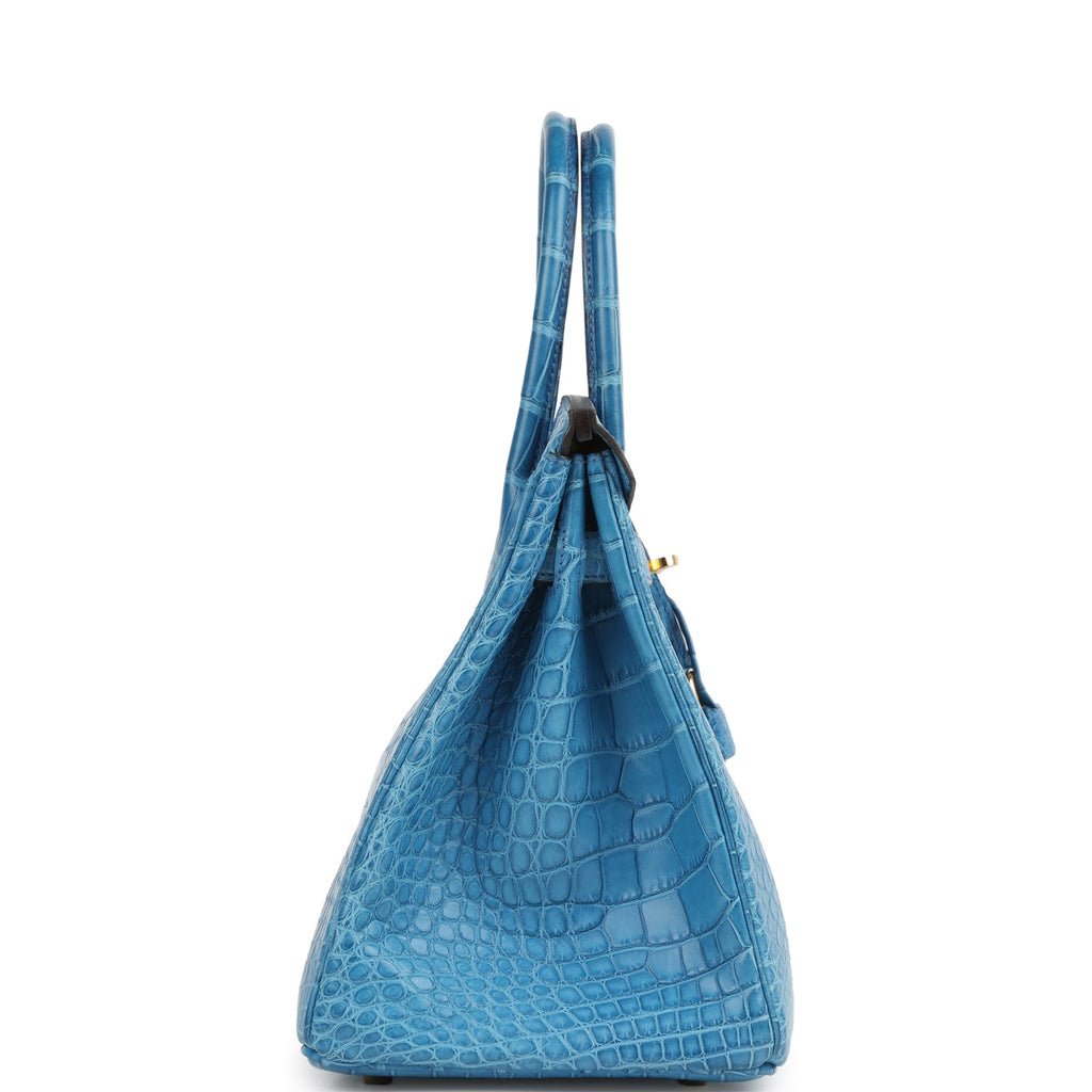 Pre-owned Hermes Birkin 30 Bleu Mykonos Matte Alligator Gold Hardware - Image 4