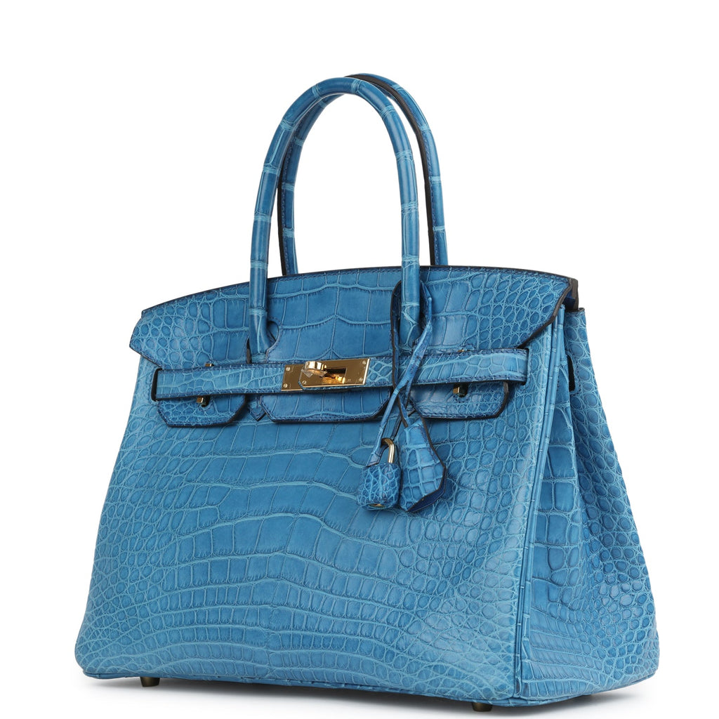 Pre-owned Hermes Birkin 30 Bleu Mykonos Matte Alligator Gold Hardware - Image 6