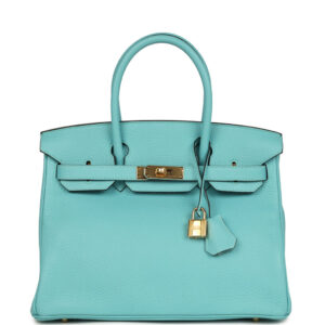 Pre-owned Hermes Birkin 30 Bleu Atoll Clemence Gold Hardware