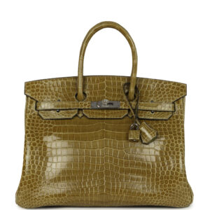 Vintage Hermes Birkin 35 Vert Anis Shiny Porosus Crocodile Palladium Hardware