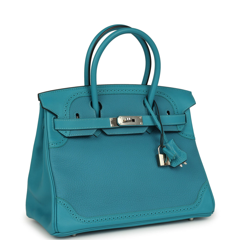 Pre-owned Hermes Birkin 30 Ghillies Turquoise Togo and Swift Palladium Hardware - Image 3