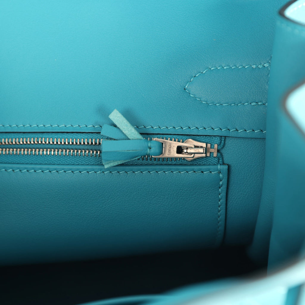 Pre-owned Hermes Birkin 30 Ghillies Turquoise Togo and Swift Palladium Hardware - Image 9