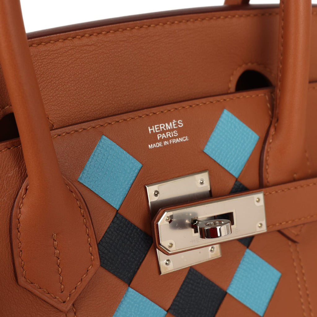 Pre-owned Hermes Birkin 30 Tressage De Cuir Gold Swift, Bleu Du Nord and Bleu Indigo Epsom Palladium Hardware - Image 8