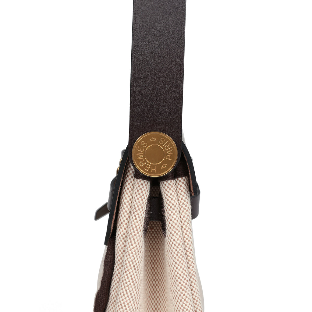 Hermes Herbag Zip 20 Mini Ecru and Beige Toile H Canvas and Ebene Vache Hunter Gold Hardware - Image 7
