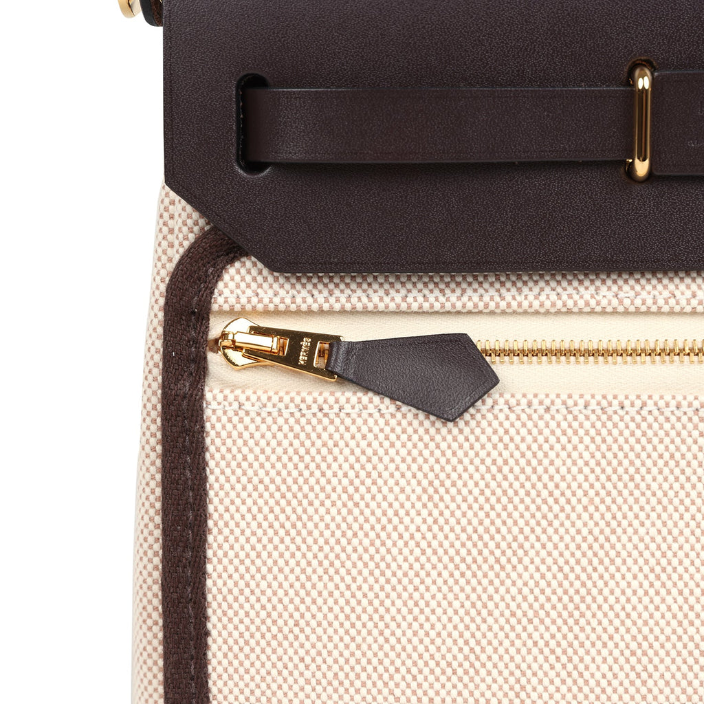 Hermes Herbag Zip 20 Mini Ecru and Beige Toile H Canvas and Ebene Vache Hunter Gold Hardware - Image 10