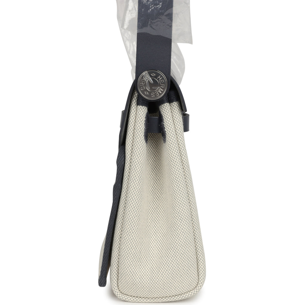 Hermes Herbag Zip 20 Mini Ecru and Bleu Glacier Toile H Canvas and Ardoise Vache Hunter Palladium Hardware - Image 4