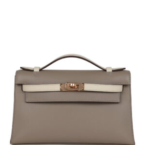 Hermes Special Order (HSS) Kelly Pochette Gris Asphalte and Beton Swift Rose Gold Hardware