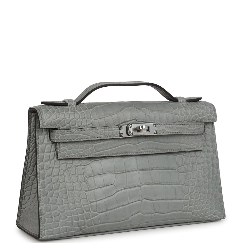 Hermes Kelly Pochette Gris Ciment Matte Alligator Palladium Hardware - Image 3