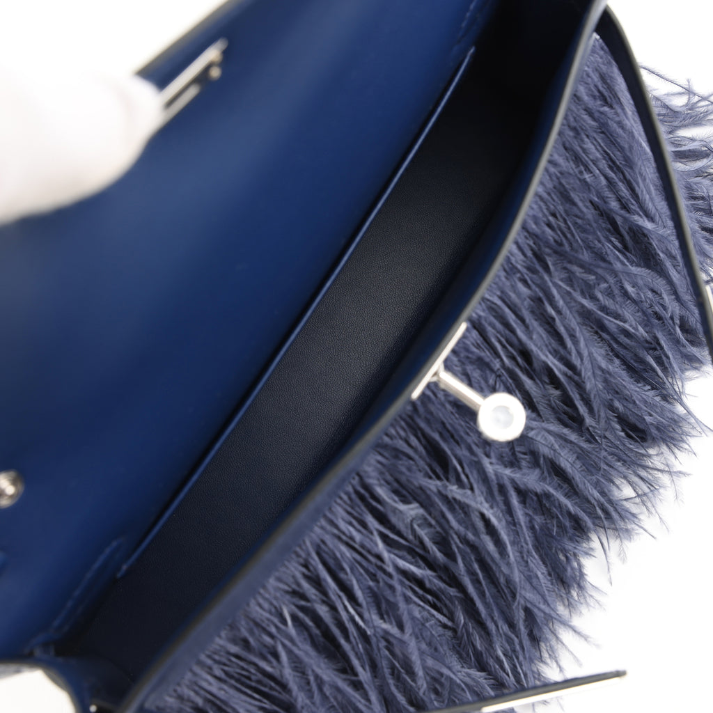 Hermes Kelly Elan Foile Bleu Saphir Chevre Chamkila and Ostrich Feathers Palladium Hardware - Image 9