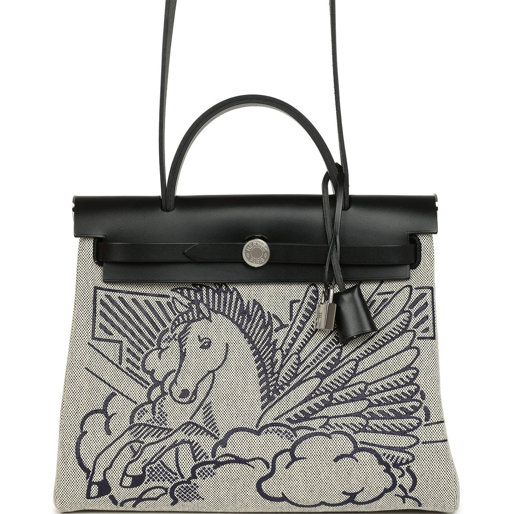 Pre-owned Hermes Herbag Zip Pegase Pop PM 31 Ecru Toile H Canvas and Black Hunter Palladium Hardware