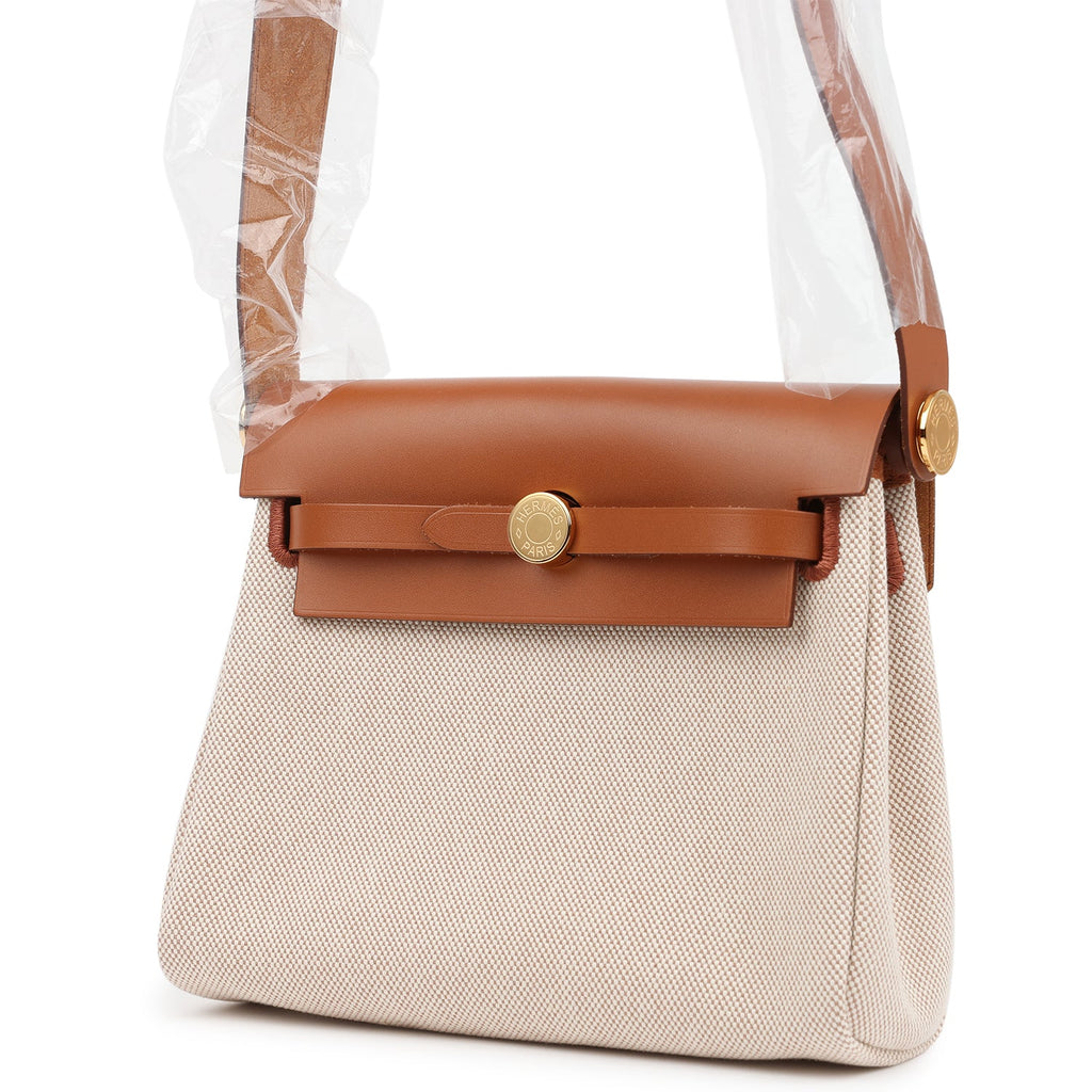 Hermes Herbag Zip 20 Mini Ecru and Beige Toile H Canvas and Fauve Vache Hunter Gold Hardware - Image 6