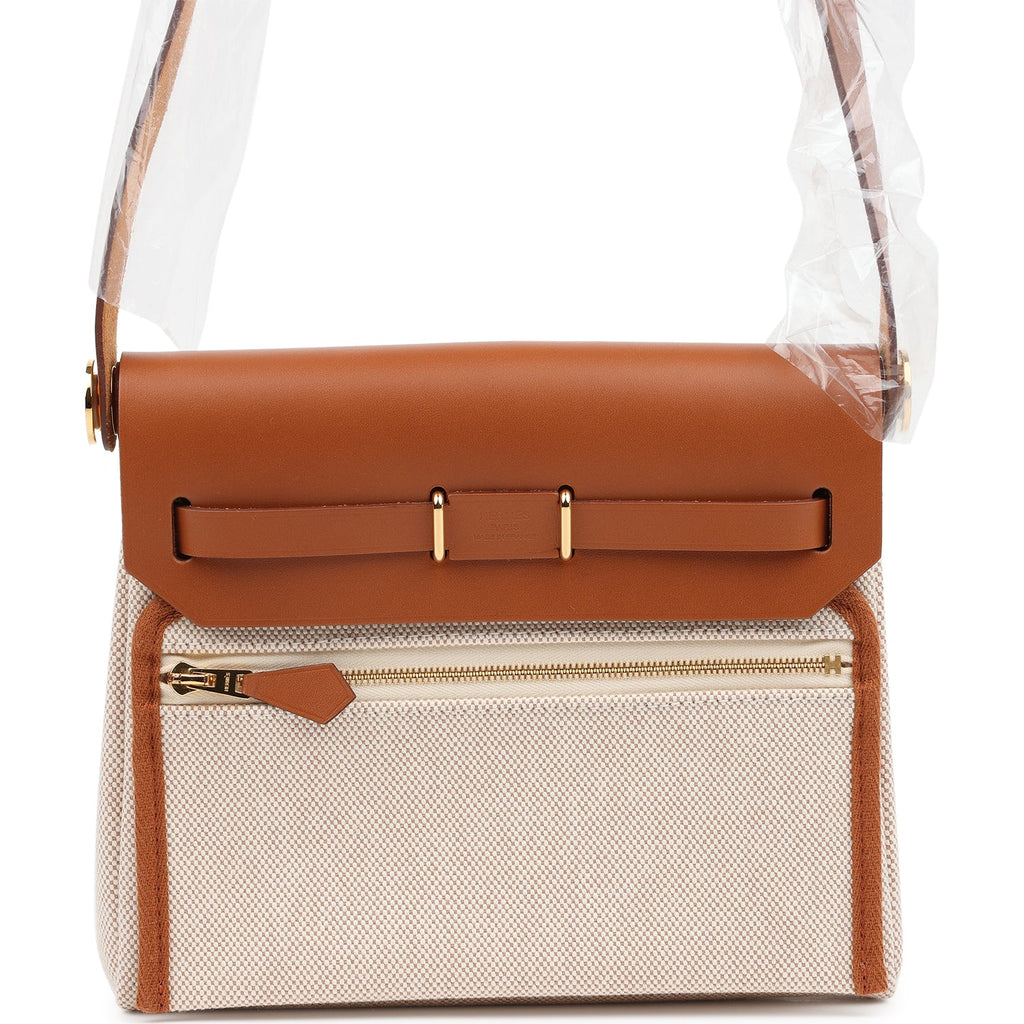 Hermes Herbag Zip 20 Mini Ecru and Beige Toile H Canvas and Fauve Vache Hunter Gold Hardware - Image 5