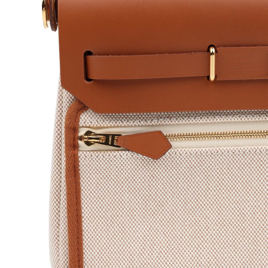 Hermes Herbag Zip 20 Mini Ecru and Beige Toile H Canvas and Fauve Vache Hunter Gold Hardware - Image 8