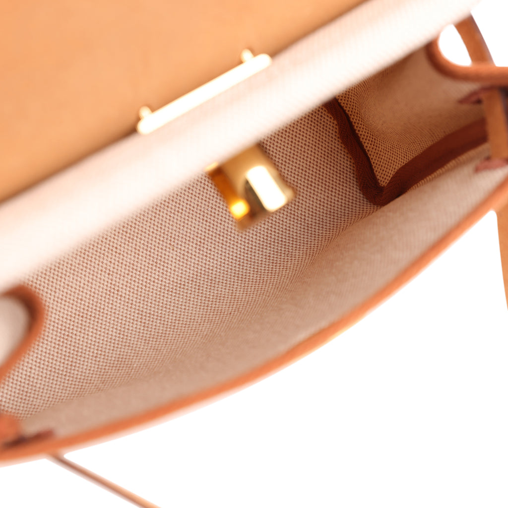 Hermes Herbag Zip 20 Mini Ecru and Beige Toile H Canvas and Fauve Vache Hunter Gold Hardware - Image 9