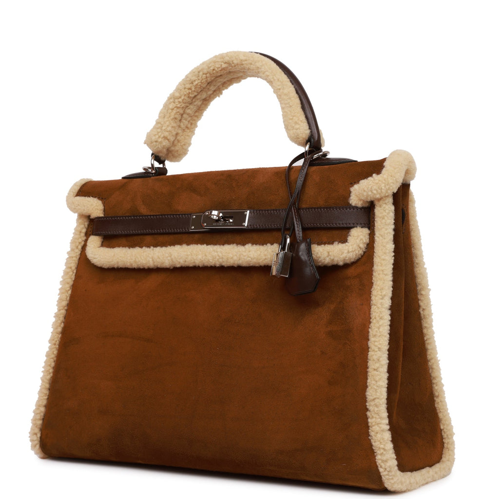 Pre-owned Hermes Teddy Kelly 35 Shearling and Ebene Barenia Palladium Hardware - Image 6