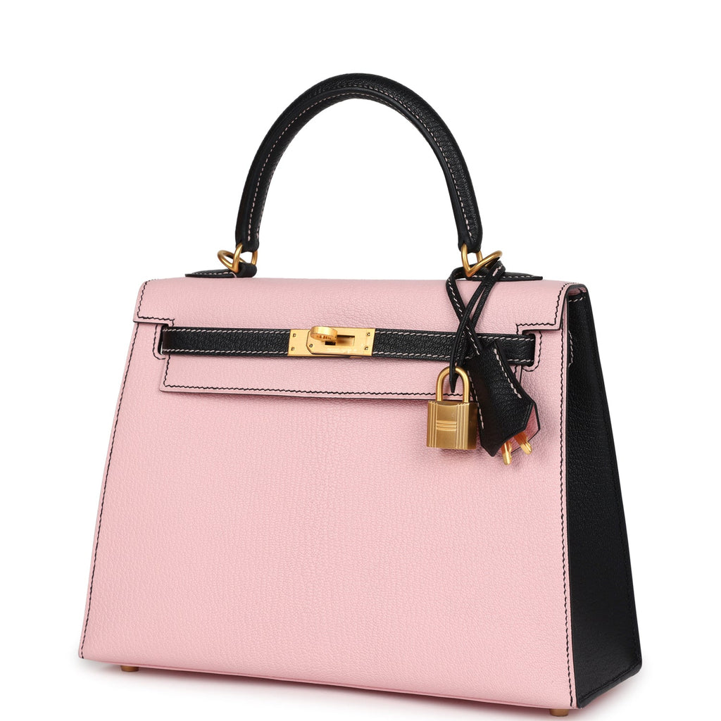 Hermes Special Order (HSS) Kelly Sellier 25 Rose Sakura and Black Chevre Mysore Brushed Gold Hardware - Image 6
