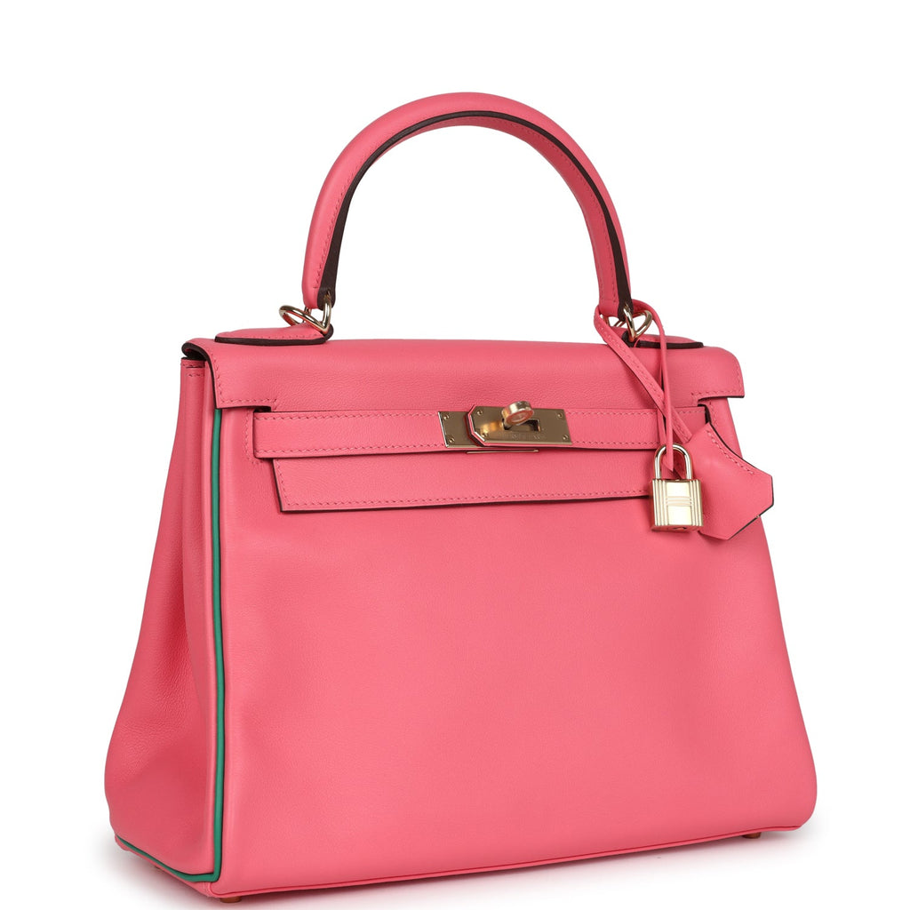 Hermes Special Order (HSS) Kelly Retourne 28 Rose Azalee and Vert Vertigo Swift Gold Hardware - Image 3