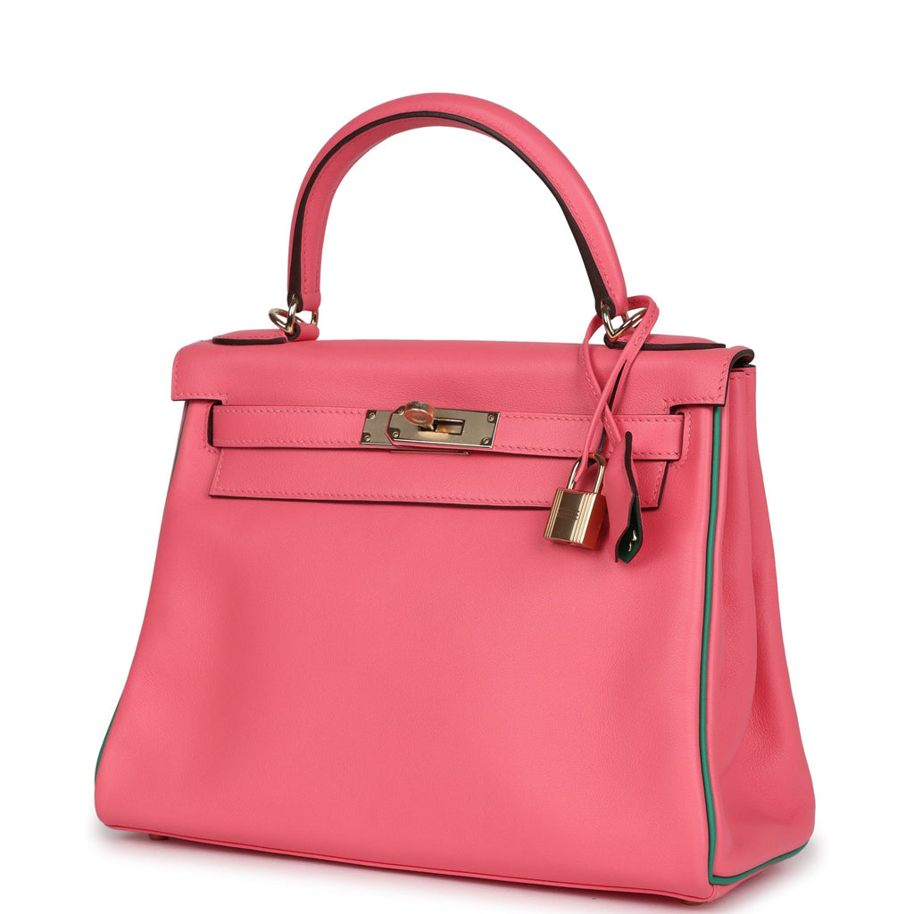 Hermes Special Order (HSS) Kelly Retourne 28 Rose Azalee and Vert Vertigo Swift Gold Hardware - Image 6