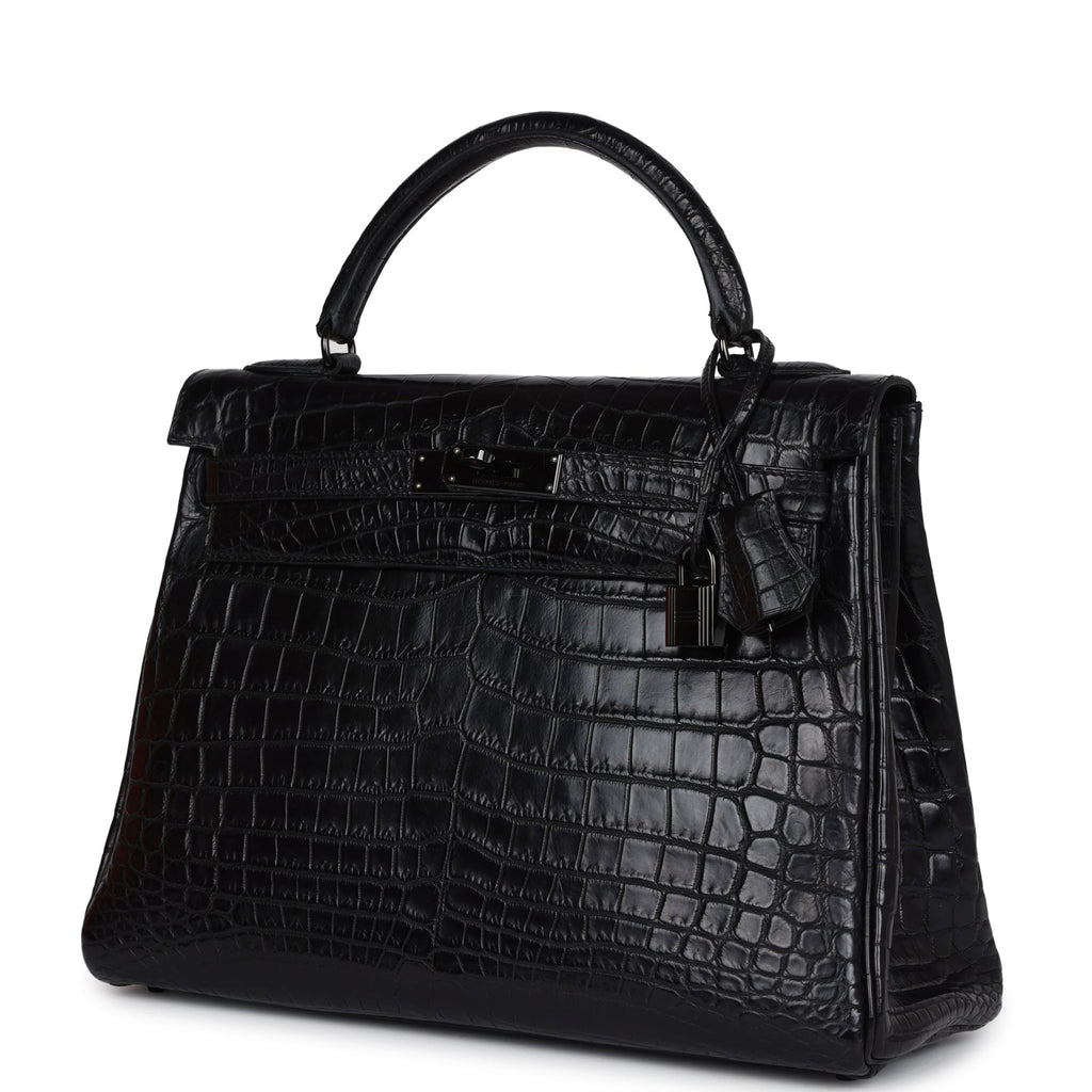 Pre-owned Hermes Kelly Retourne 32 SO Black Matte Niloticus Crocodile Black Hardware - Image 6