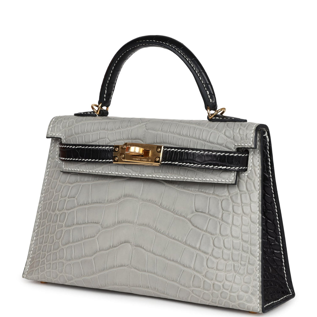 Hermes Special Order (HSS) Kelly Sellier 20 Gris Perle and Black Matte Alligator Gold Hardware - Image 6