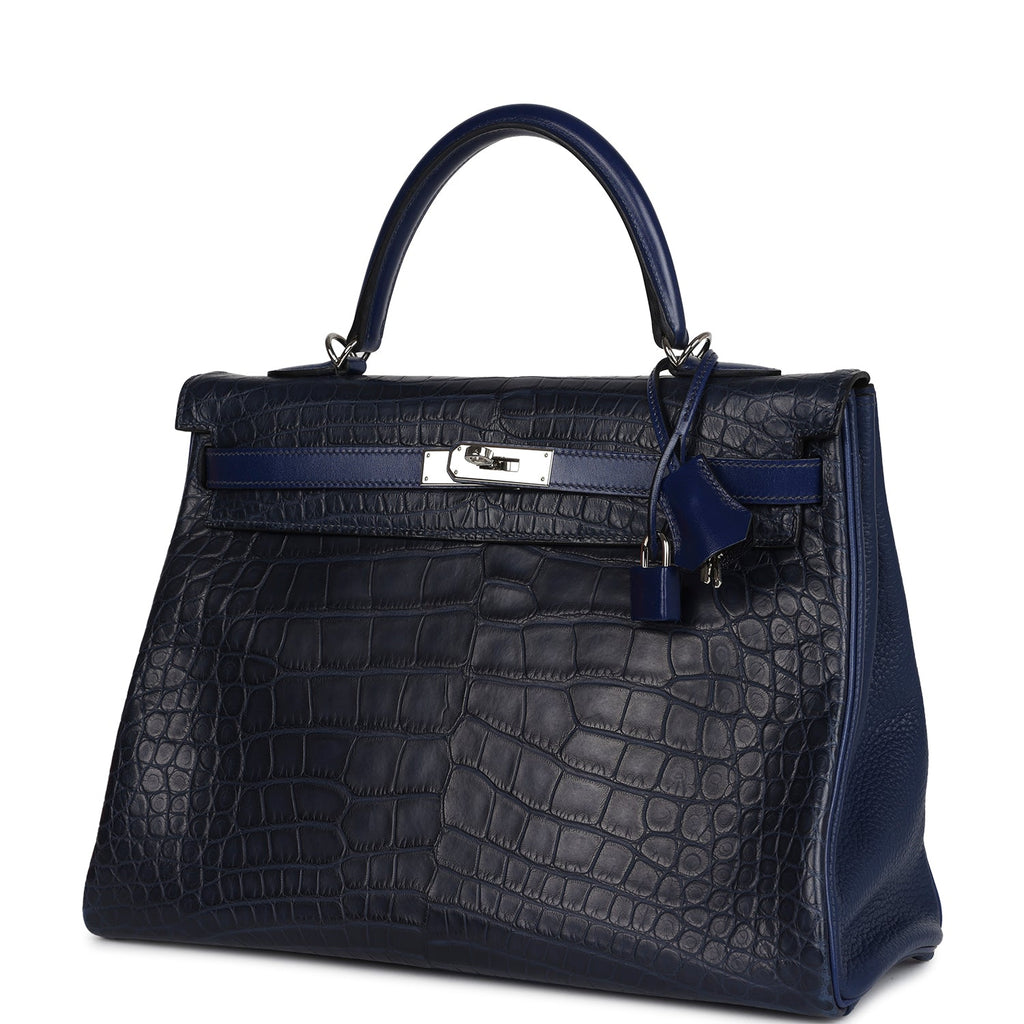 Pre-owned Hermes Kelly Retourne 35 Bleu Indigo Matte Alligator and Bleu Saphir Swift and Clemence Palladium Hardware - Image 6