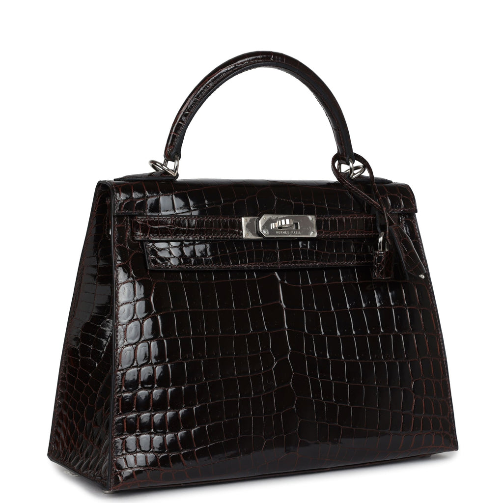 Vintage Hermes Kelly Sellier 28 Cocoan Shiny Niloticus Crocodile Palladium Hardware - Image 3