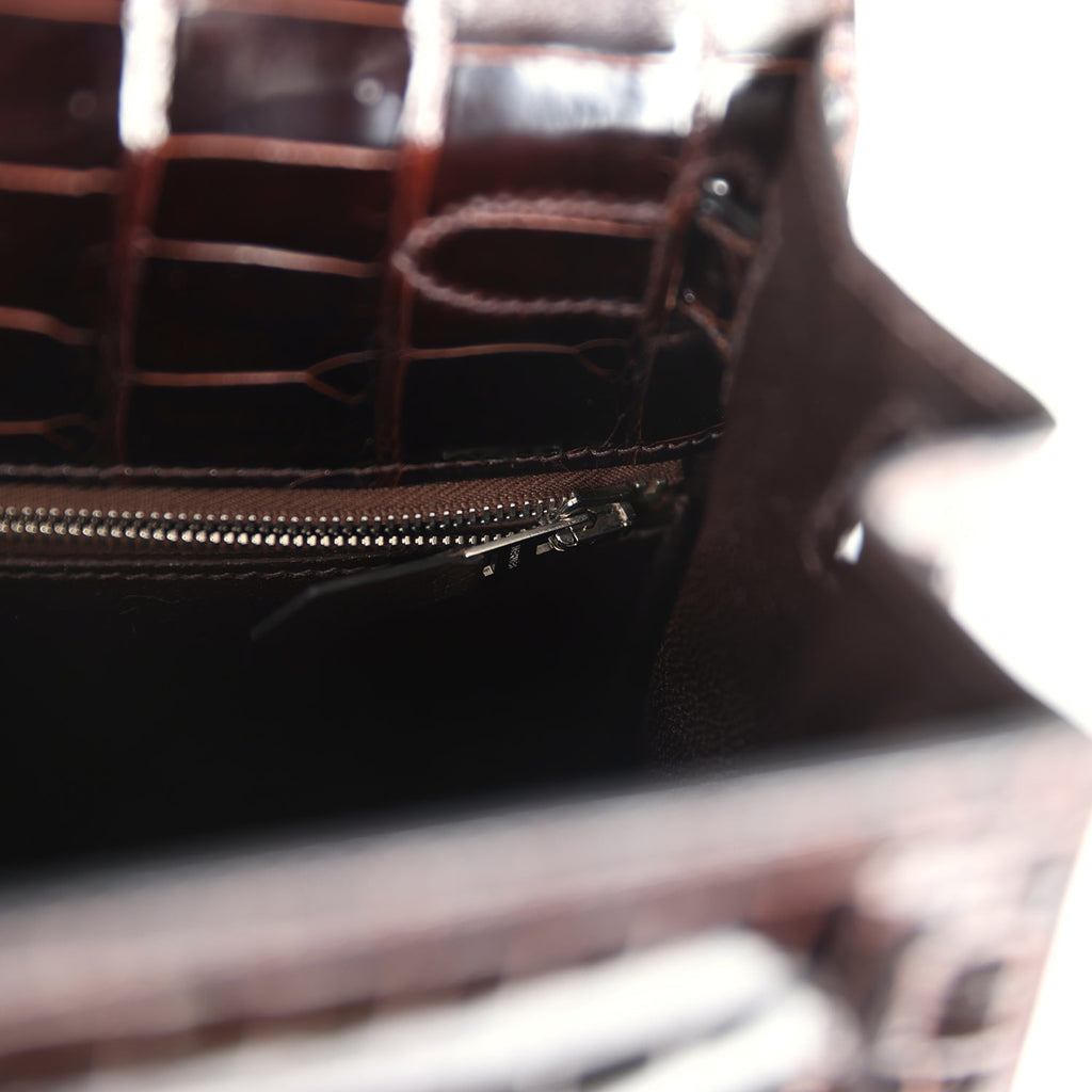 Vintage Hermes Kelly Sellier 28 Cocoan Shiny Niloticus Crocodile Palladium Hardware - Image 10